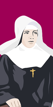 Retrato ilustrado de una cofundadora de Hermanas Hospitalarias con fondo granate