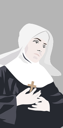 Retrato ilustrado de una cofundadora de Hermanas Hospitalarias con fondo gris