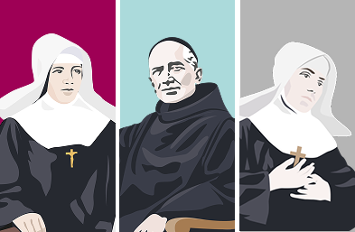 Ilustración de los fundadores de Hermanas Hospitalarias: San Benito Menni, Mª Josefa Recio y Mª Angustias Giménez